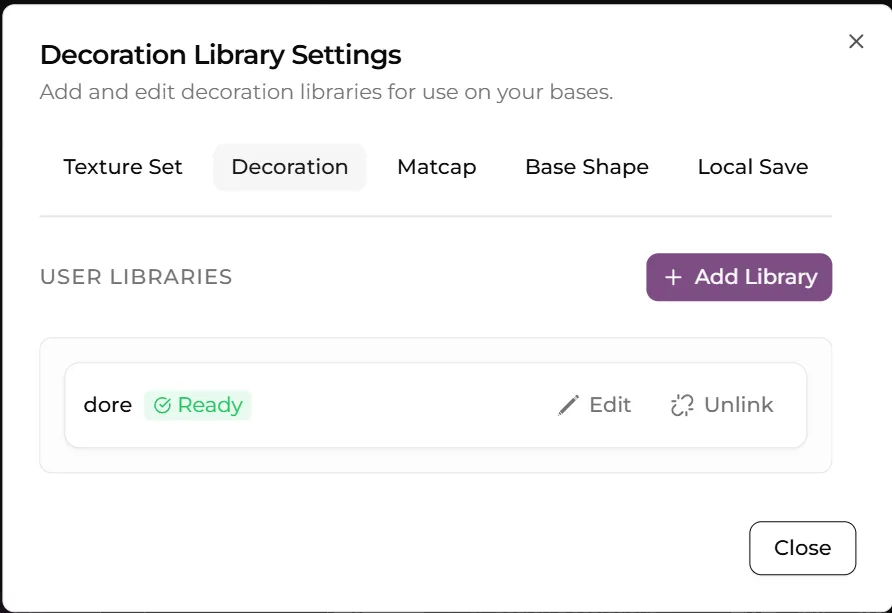 The asset library settings dialog