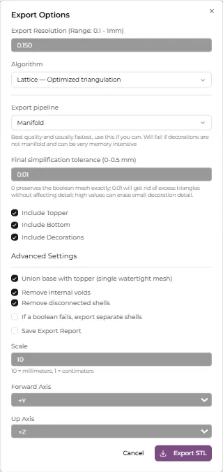 The export options dialog