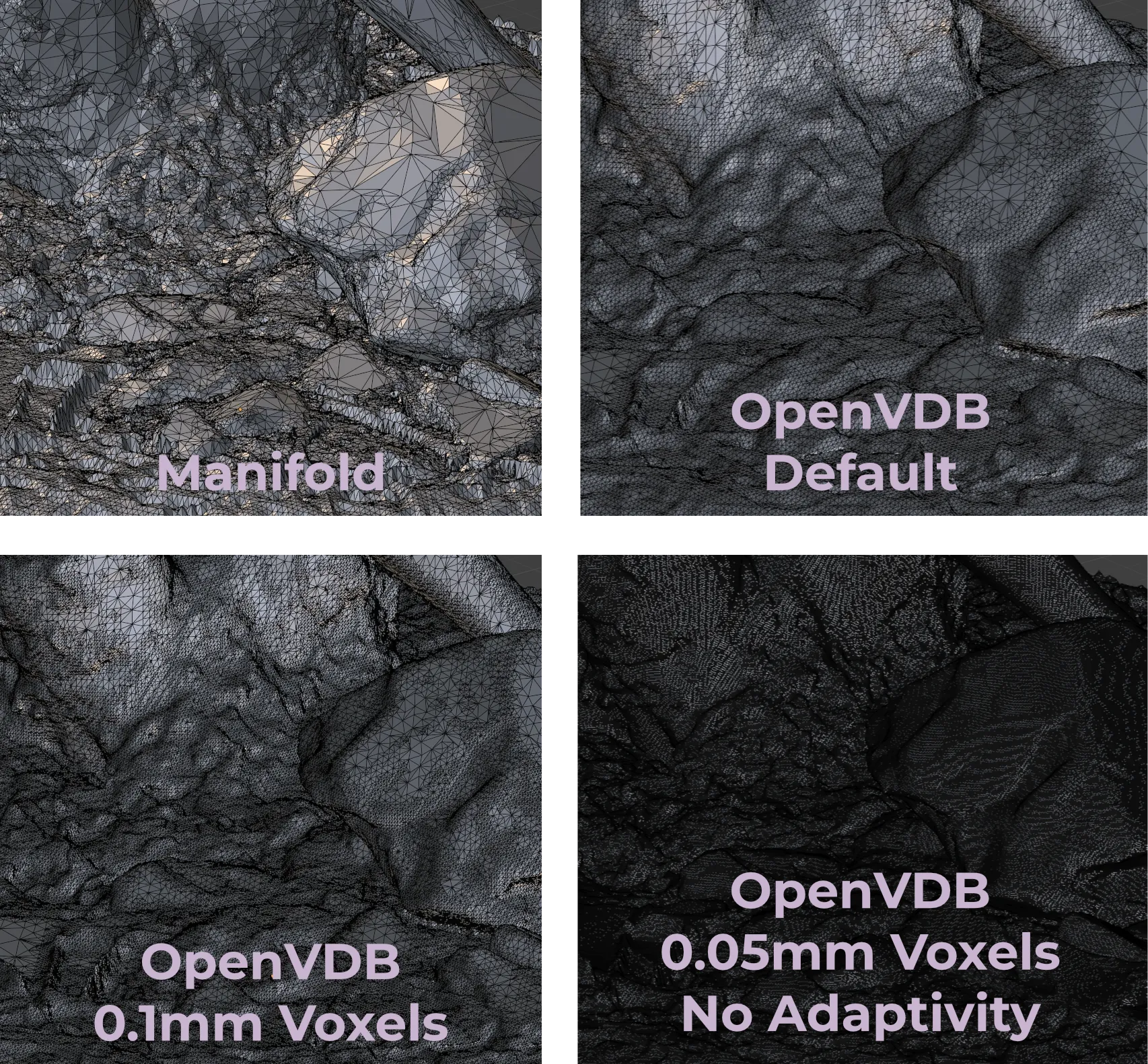 A comparison between four bases, one using Manifold and three using the OpenVDB exporter at increasingly fine settings.