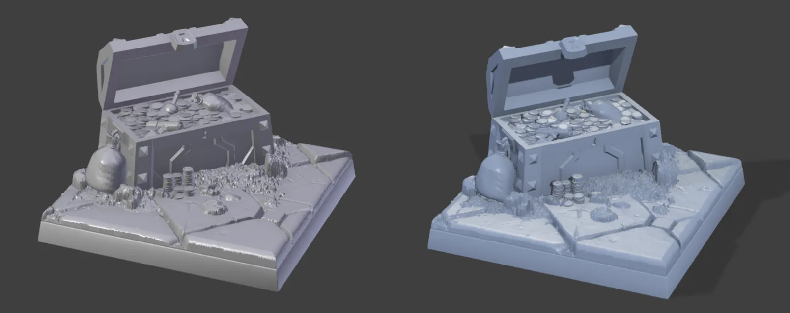 A side by side comparison between a base with Matcaps and with High Quality Lighting